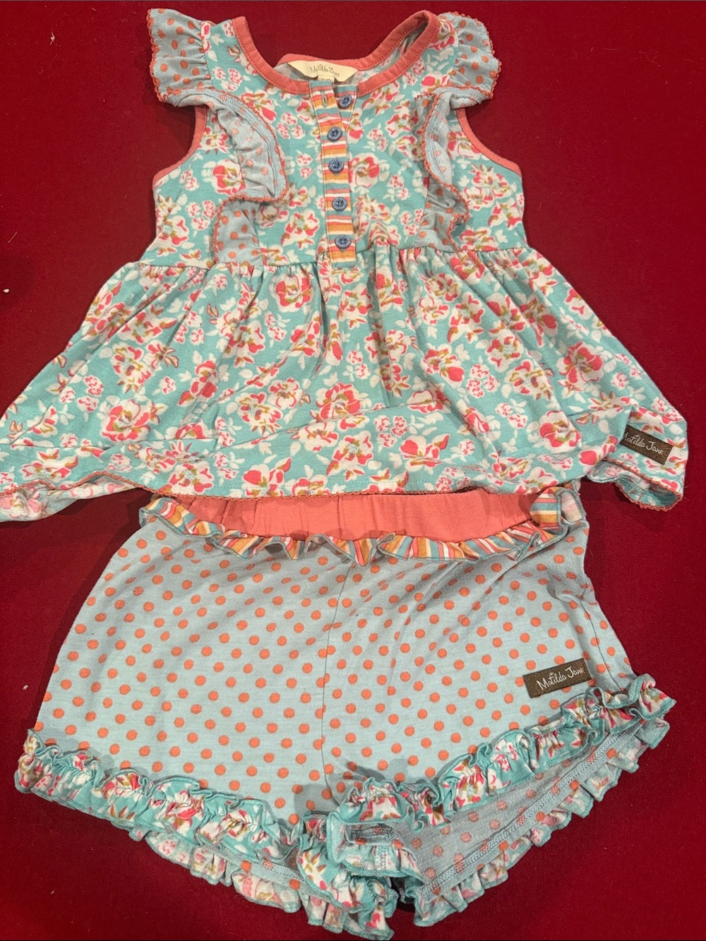 Matilda Jane Aqua Floral Peplum Top with Coral Polka Dot Ruffle Shorts Pajamas